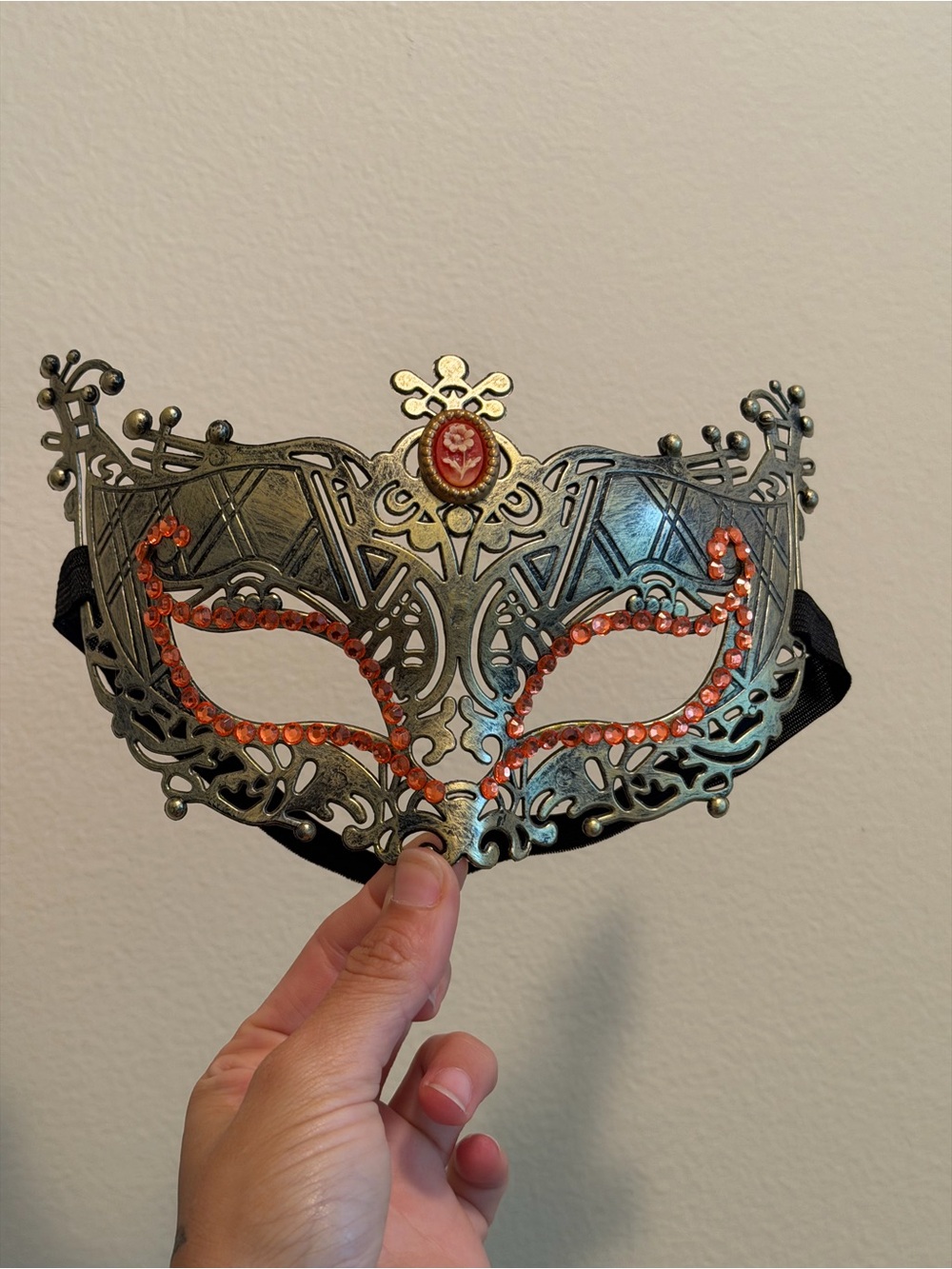 Ornate Metal Venetian Mask with Orange Gem Detail
